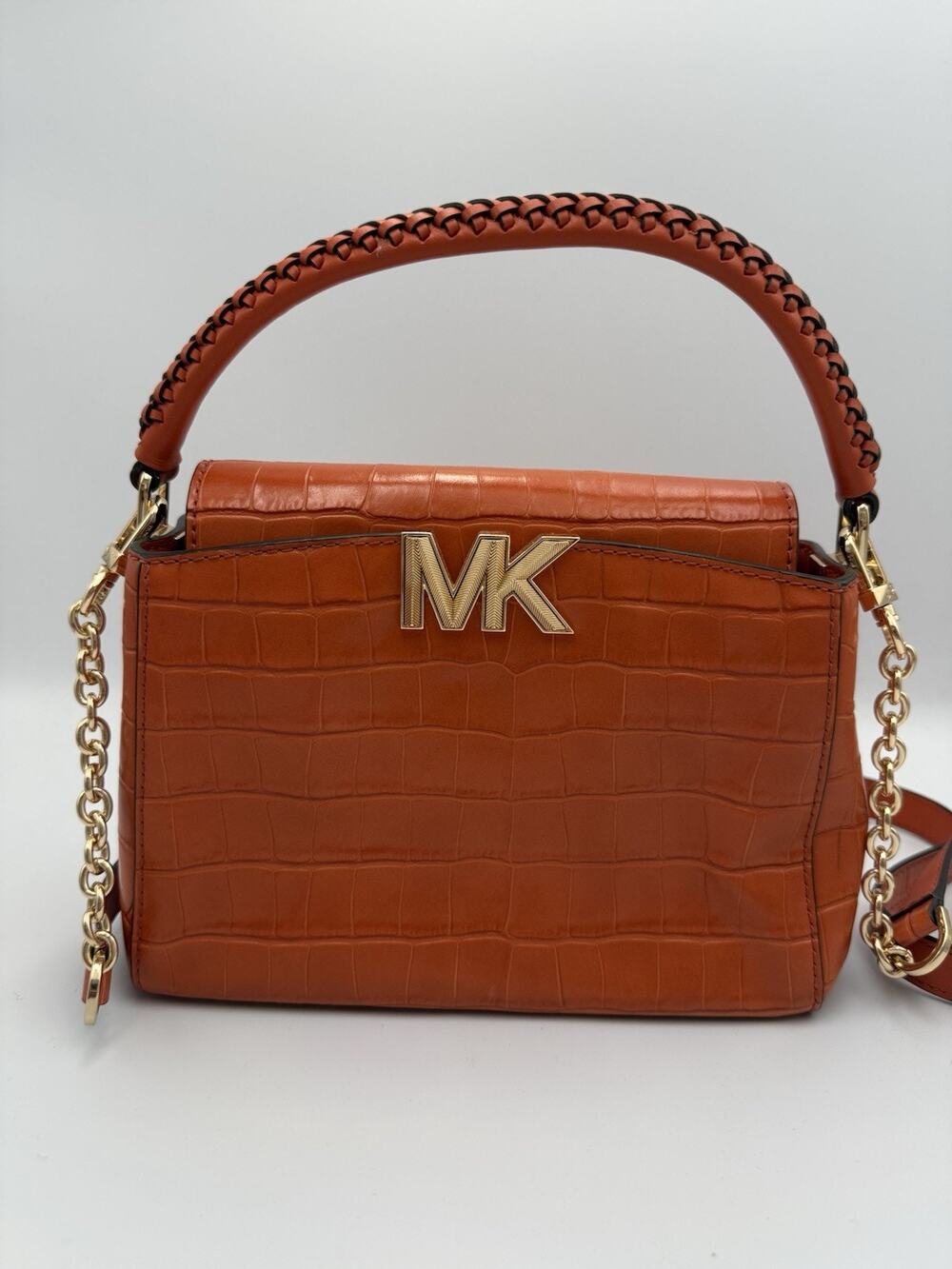 Michael Kors Karlie Croc Embossed Leather Top Handle Crossbody Bag Orange Sample